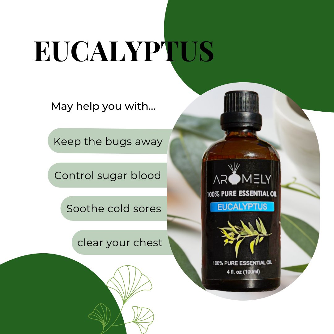 A bottle of AROMELY Eucalyptus Essential Oil lists its benefits as a natural inhalant for chest clearing, soothing colds, bug repellent, and blood sugar control.