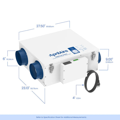 The Aprilaire Energy Recovery Ventilator - Model V22BEC features four blue circular inlets, measures 27.50" x 23.13" x 9.00", has a front-panel power cord, and efficiently enhances indoor air quality with effective fresh air ventilation.