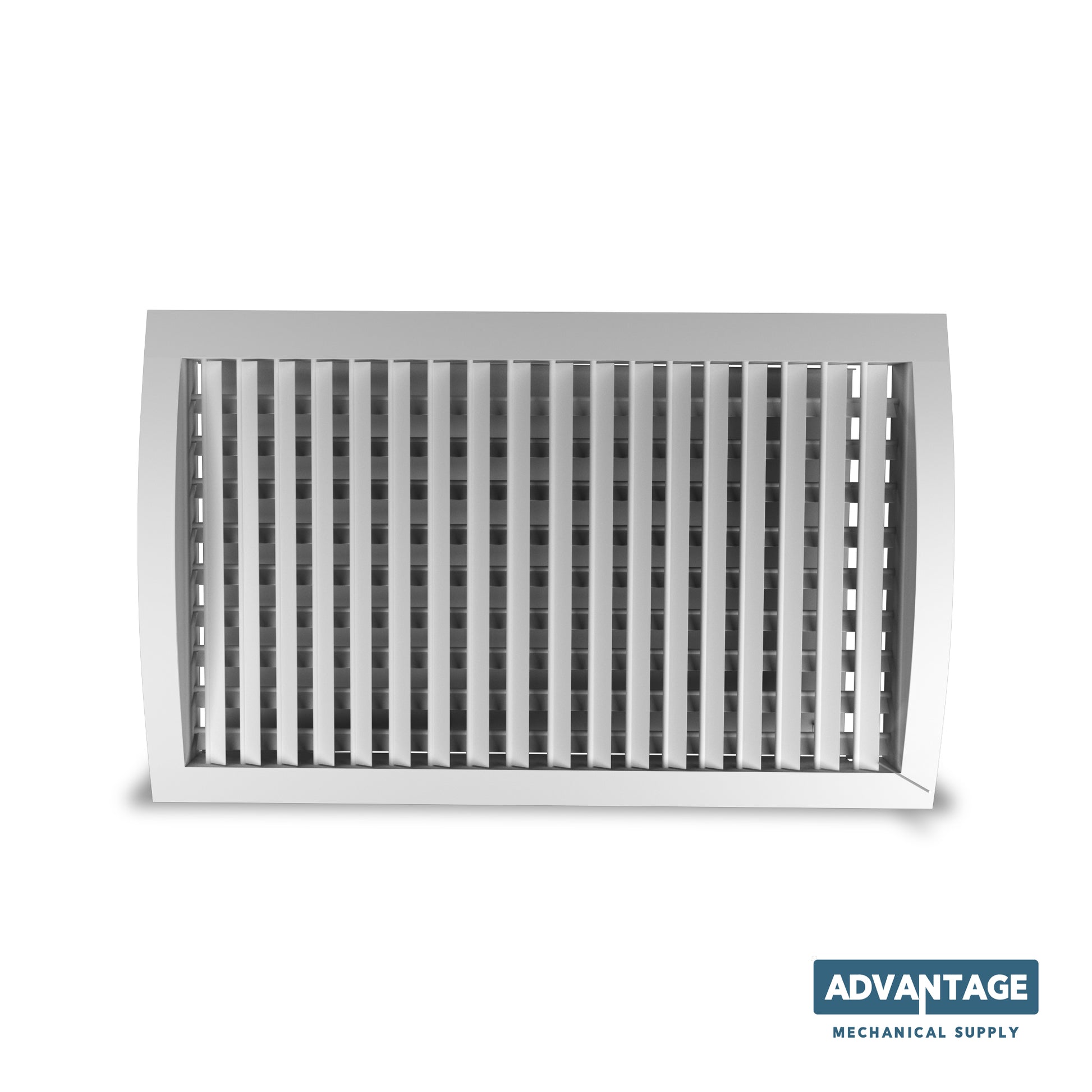 Steel Spiral Supply Curved Grille (IERA) by Advantage Mechanical Supply, shown with vertical slats against a white background. Perfect for direct-to-duct spiral register use. Brand logo appears in the bottom right corner.