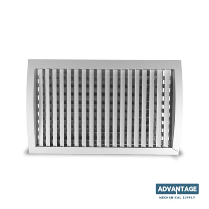 Steel Spiral Supply Curved Grille (IERA) by Advantage Mechanical Supply, shown with vertical slats against a white background. Perfect for direct-to-duct spiral register use. Brand logo appears in the bottom right corner.