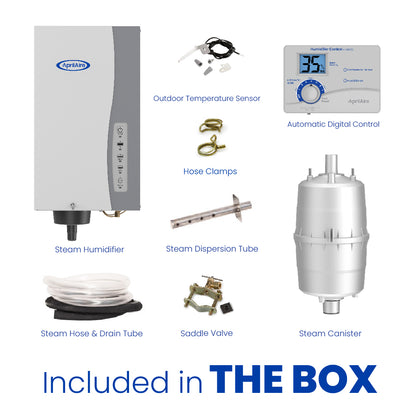Image shows contents of the Aprilaire Whole-House Steam Humidifier Model 800 package: humidifier unit, steam canister, control panel, temperature sensor, hose, clamps, dispersion tube, and saddle valve for better indoor air quality.