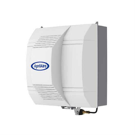 The Aprilaire Whole-House Fan-Powered Evaporative Humidifier Model 700 is a white unit with a vented front panel and bottom connection fittings, designed for wall or duct mounting to provide whole-home humidification.