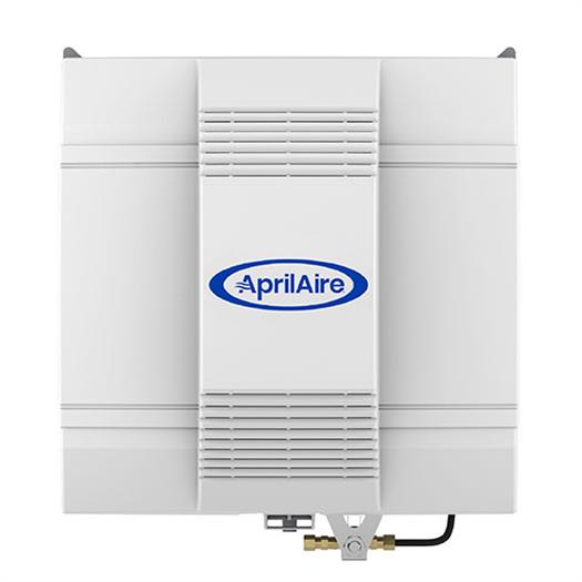 Front view of the Aprilaire Whole-House Fan-Powered Evaporative Humidifier Model 700 in white, featuring the brand logo, vented panels, and connection fittings visible at the bottom.