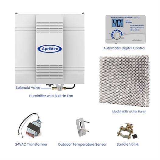 The Aprilaire Whole-House Fan-Powered Evaporative Humidifier Model 700 features a built-in fan, automatic digital control, 24VAC transformer, solenoid valve, outdoor temperature sensor, Model #35 water panel, and saddle valve.