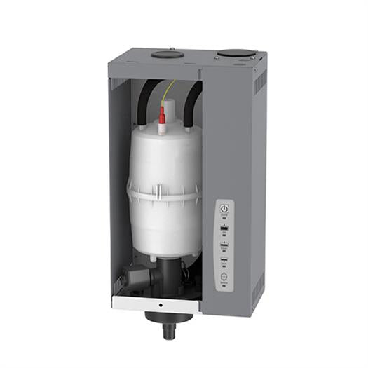 The Aprilaire Whole-House Steam Humidifier Model 800 is a gray industrial unit with a cylindrical white tank inside, top-mounted black hoses, and right-side control buttons—perfect for improving indoor air quality.