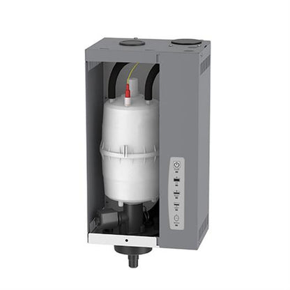The Aprilaire Whole-House Steam Humidifier Model 800 is a gray industrial unit with a cylindrical white tank inside, top-mounted black hoses, and right-side control buttons—perfect for improving indoor air quality.
