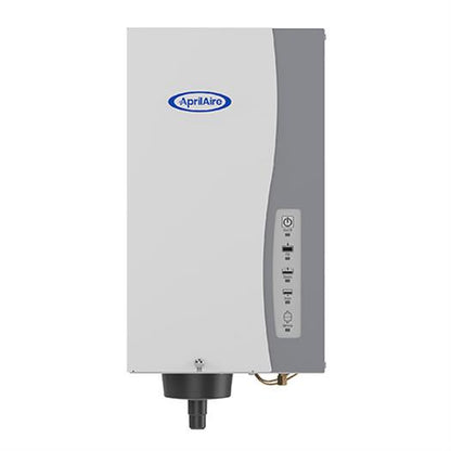 Aprilaire Whole-House Steam Humidifier - Model 800, with control panel and water connection, designed to enhance indoor air quality, displayed against a plain white background.