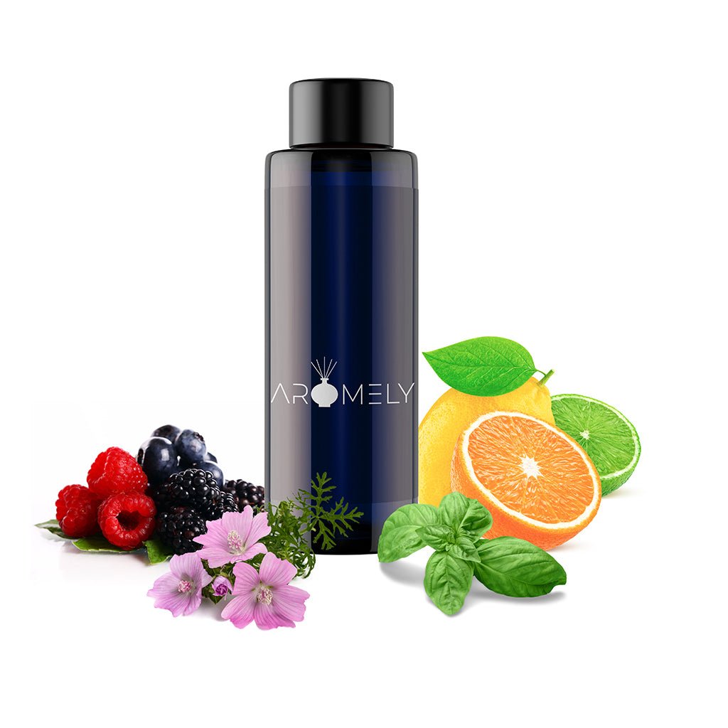A dark blue "AROMELY" bottle labeled "Joyful" is surrounded by mixed berries, citrus fruits, green leaves, and pink flowers on a white background, suggesting its fruity essential oil blend.