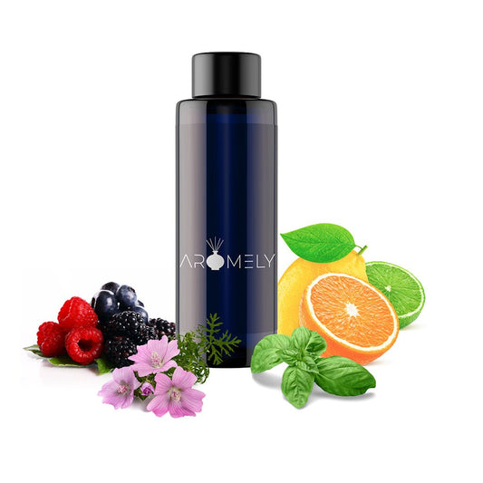 A dark blue "AROMELY" bottle labeled "Joyful" is surrounded by mixed berries, citrus fruits, green leaves, and pink flowers on a white background, suggesting its fruity essential oil blend.