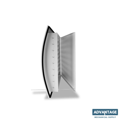 The Steel Spiral Supply Curved Grilles, Direct to Duct - IERA by Advantage Mechanical Supply are shown from a side angle on a flat surface, featuring visible power cord, double deflection grille detail, and branded logo in the bottom right.