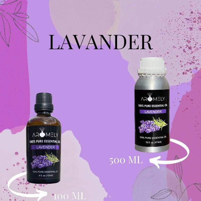 Two bottles of AROMELY Lavender Essential Oil (100 ml and 500 ml) are displayed on a purple abstract background—ideal for creating a calming atmosphere during yoga, meditation, or for use in your lavender diffuser.