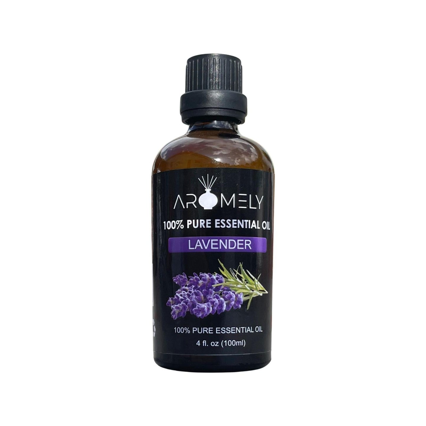 The AROMELY Lavender Essential Oil comes in a brown bottle with lavender flowers, containing 4 fl. oz. (100 ml), ideal for a calming scent in your diffuser or during yoga and meditation.