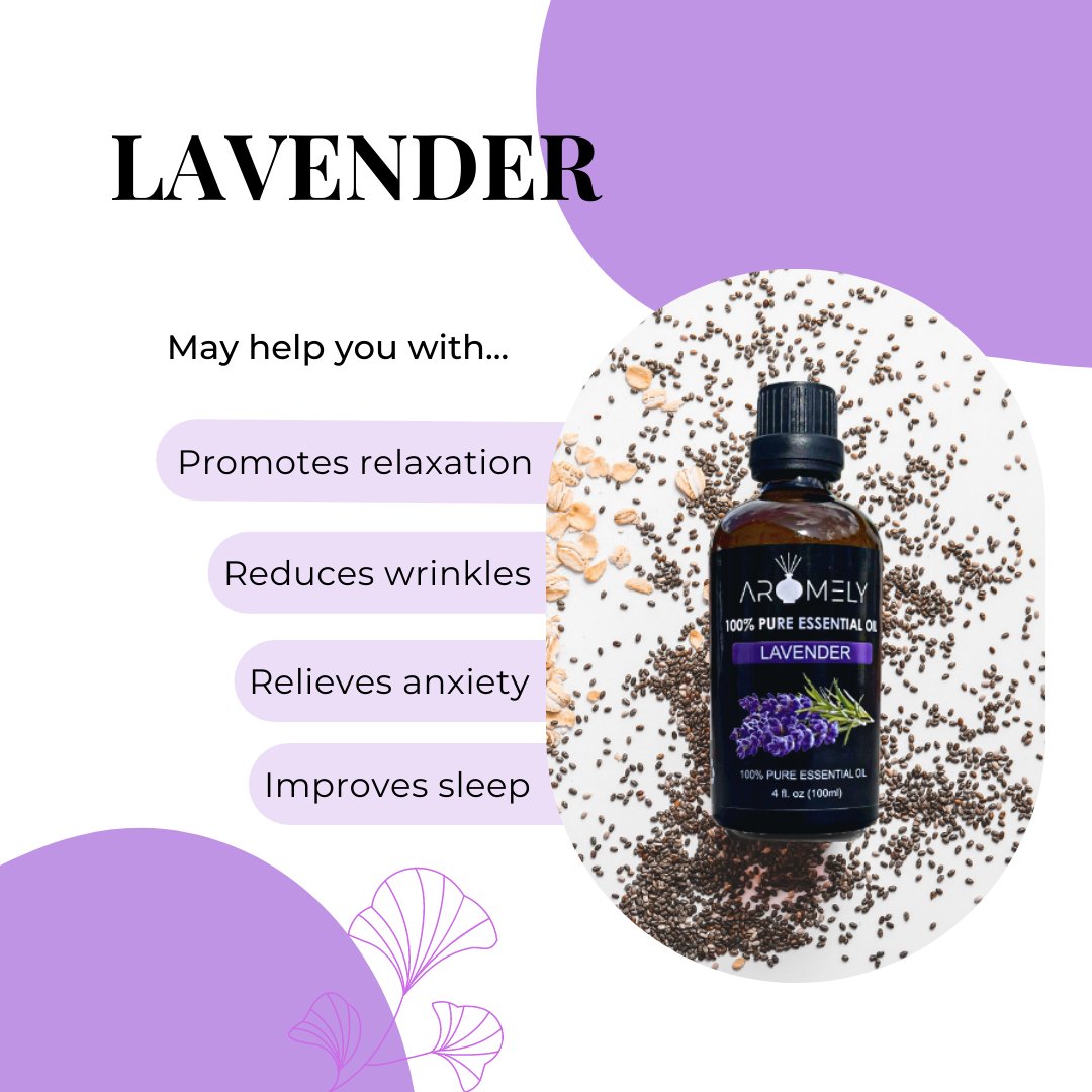 A bottle of AROMELY Lavender Essential Oil rests on seeds, highlighting benefits like relaxation, wrinkle reduction, anxiety relief, and better sleep—ideal for diffusers or yoga meditation sessions.