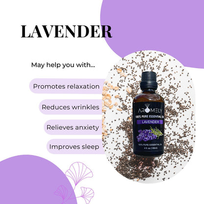 A bottle of AROMELY Lavender Essential Oil rests on seeds, highlighting benefits like relaxation, wrinkle reduction, anxiety relief, and better sleep—ideal for diffusers or yoga meditation sessions.