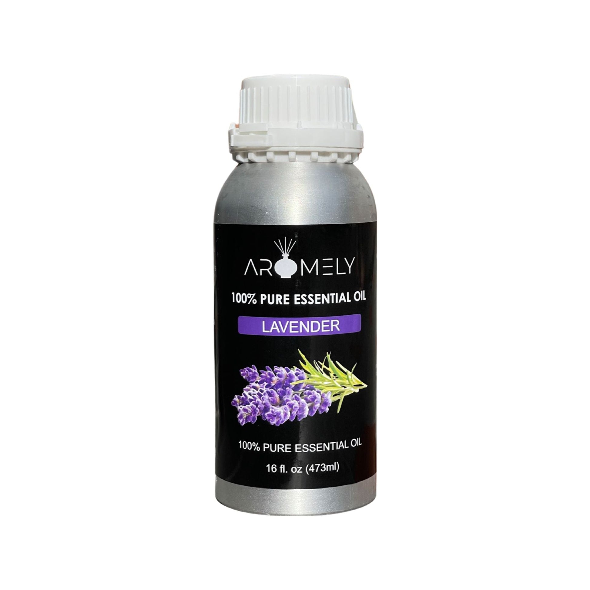A silver 16 fl oz (473ml) bottle of AROMELY Lavender Essential Oil, featuring lavender flowers—perfect for your diffuser or creating a calming aroma during yoga or meditation.