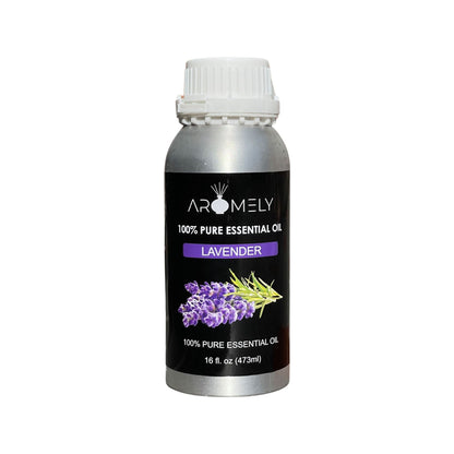 A silver 16 fl oz (473ml) bottle of AROMELY Lavender Essential Oil, featuring lavender flowers—perfect for your diffuser or creating a calming aroma during yoga or meditation.