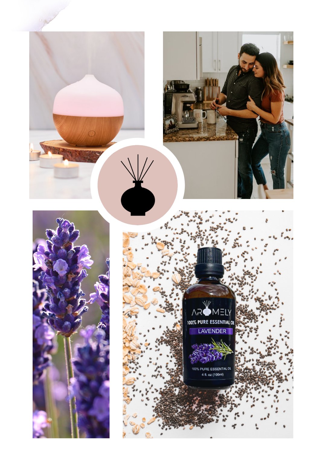 A collage of AROMELY Lavender Essential Oil, a couple in a kitchen, blooming lavender, oil on seeds, and a diffuser icon evokes calming vibes—ideal for yoga, meditation, or relaxation.