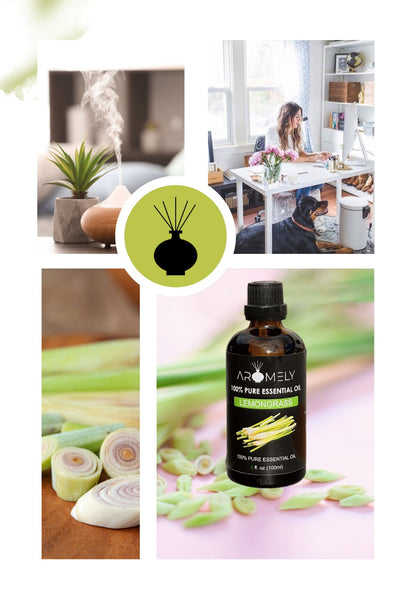 Collage featuring a diffuser with steam, a woman working at her desk with her dog, sliced lemongrass, and a bottle of AROMELY Lemongrass Essential Oil—a natural mood enhancer and immune system booster.