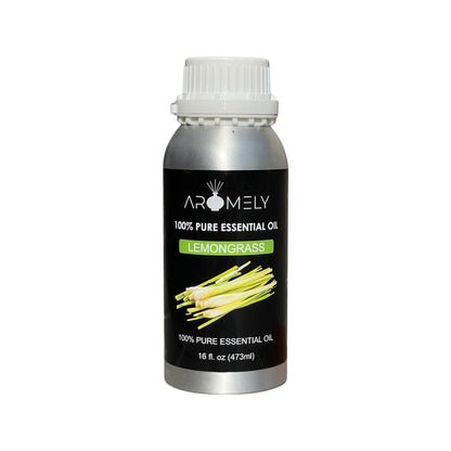 A 16 fl. oz. (473 ml) silver bottle of AROMELY Lemongrass Essential Oil, featuring lemongrass imagery—perfect for mood enhancement and supporting the immune system.