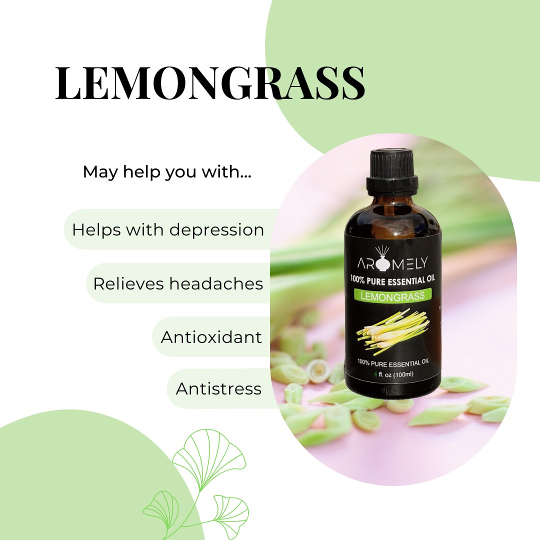 A bottle of AROMELY Lemongrass Essential Oil is displayed with cut lemongrass and text highlighting its potential benefits such as aiding depression relief, providing antioxidant support, and boosting the immune system.