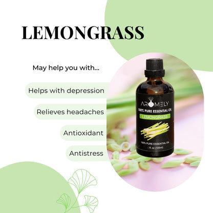 A bottle of AROMELY Lemongrass Essential Oil is displayed with cut lemongrass and text highlighting its potential benefits such as aiding depression relief, providing antioxidant support, and boosting the immune system.