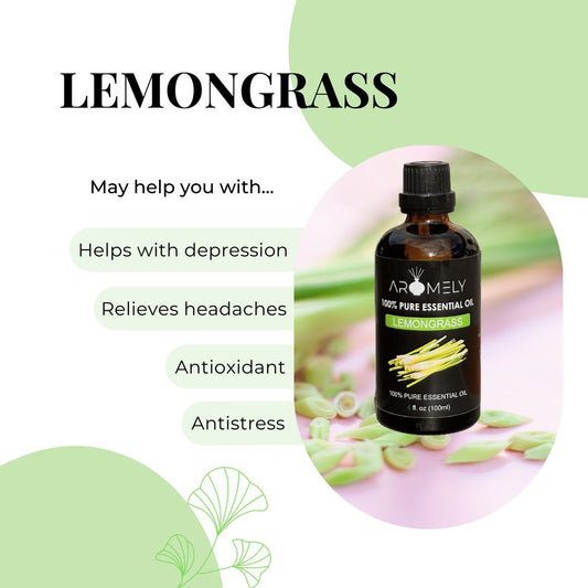 A bottle of AROMELY Lemongrass Essential Oil is displayed with cut lemongrass and text highlighting its potential benefits such as aiding depression relief, providing antioxidant support, and boosting the immune system.