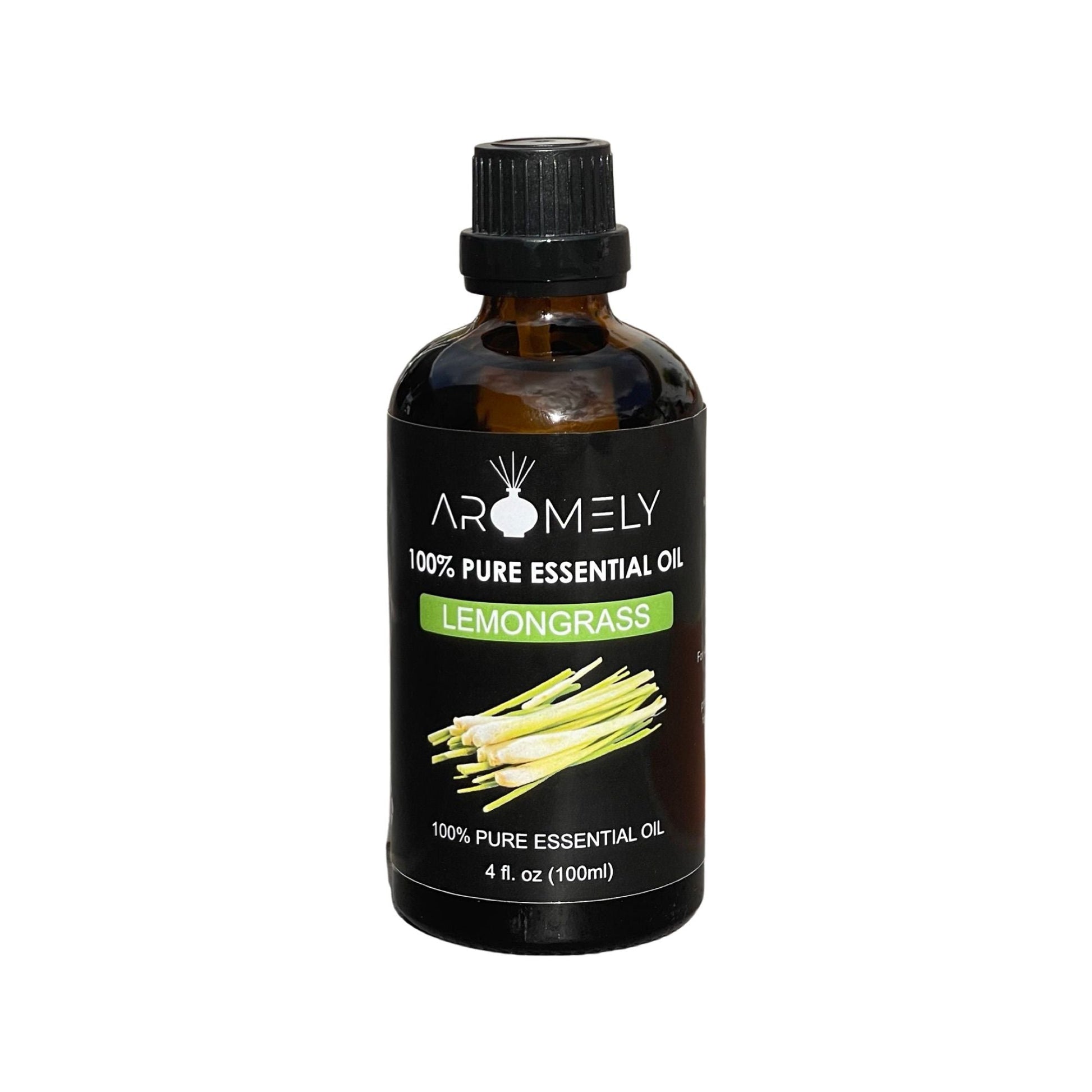 A 4 fl. oz. brown bottle of AROMELY Lemongrass Essential Oil, a natural mood enhancer and immune booster, features a black cap and a clearly labeled front.