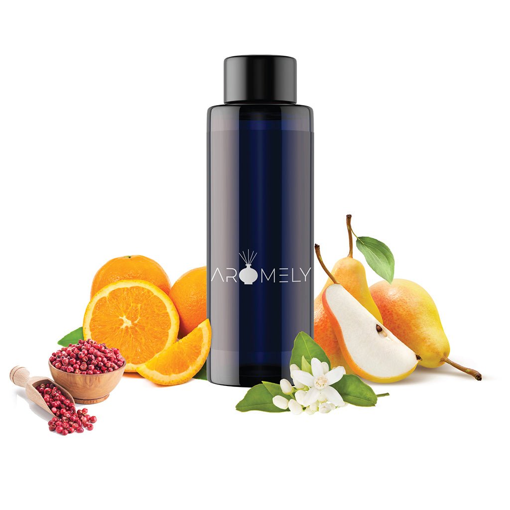 A dark blue bottle labeled "AROMELY" featuring the "Lovely Night" scent is surrounded by sliced oranges, a pear, white flowers, green leaves, and pink peppercorns, evoking an invigorating and luxurious essential oil blend.