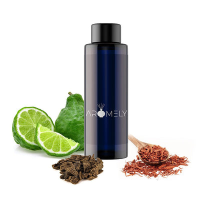 A dark blue AROMELY "Majestique - Inspired by: Baccarat® Rouge 540" bottle is shown beside sliced bergamot, a wooden spoon of red chips, and dried herbs—capturing an amber fragrance essence.