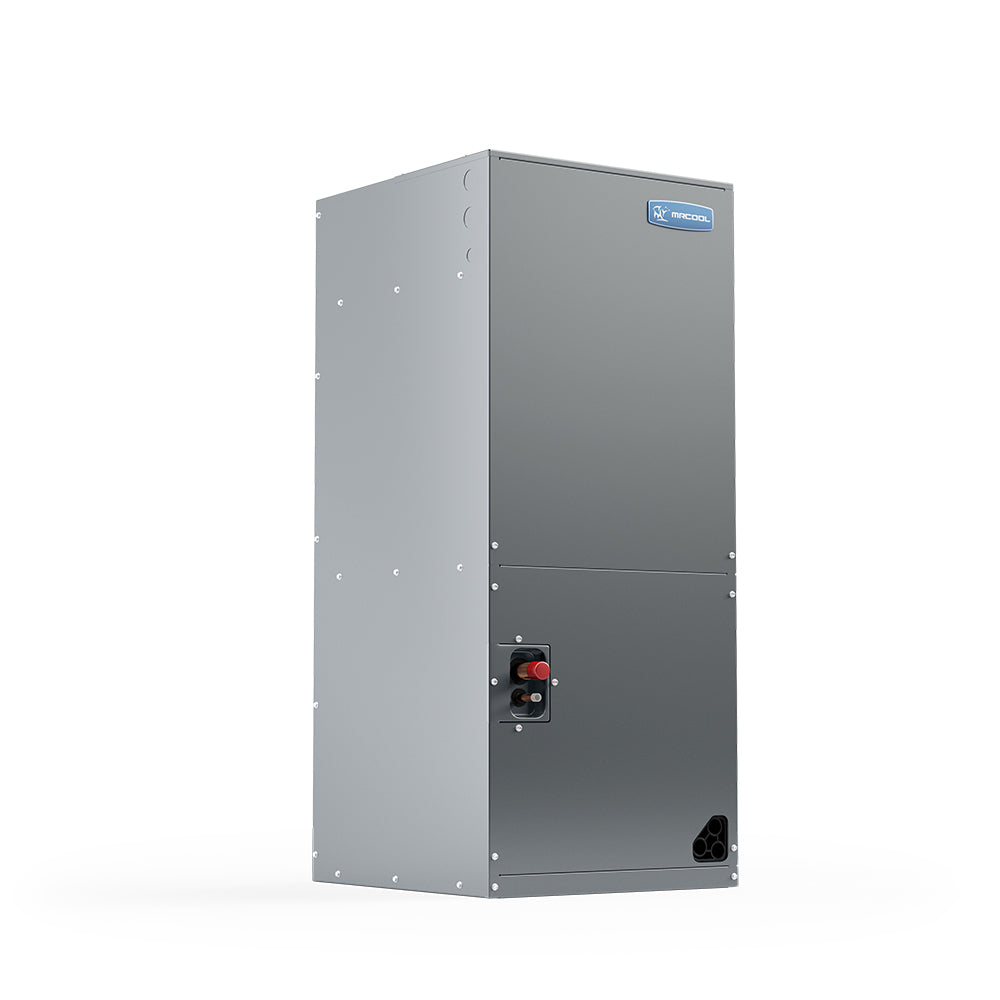 The Mr Cool ProDirect Air Handler, a rectangular gray unit by Mr Cool, stands upright with a control switch and vents against a white background, featuring AHRI Certified performance and R-410A refrigerant compatibility.