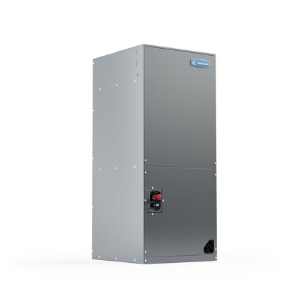 The Mr Cool ProDirect Air Handler, a rectangular gray unit by Mr Cool, stands upright with a control switch and vents against a white background, featuring AHRI Certified performance and R-410A refrigerant compatibility.