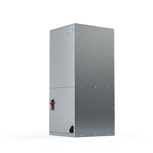 Vertical view of a gray metal Mr Cool ProDirect Air Handler featuring a blue logo, control panel, and screw points on its exterior against a white background. AHRI Certified and compatible with R-410A refrigerant by Mr Cool.