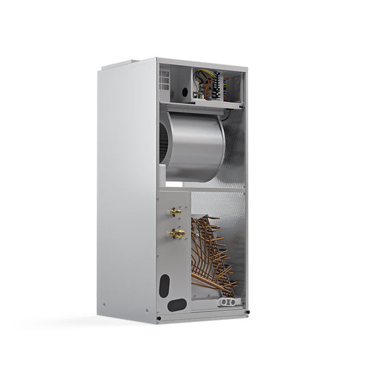 A vertical Mr. Cool Universal Series Air Handler with an open front panel displays coils, pipes, and wiring—highlighting its slim design for compatibility with all-climate heat pump systems.