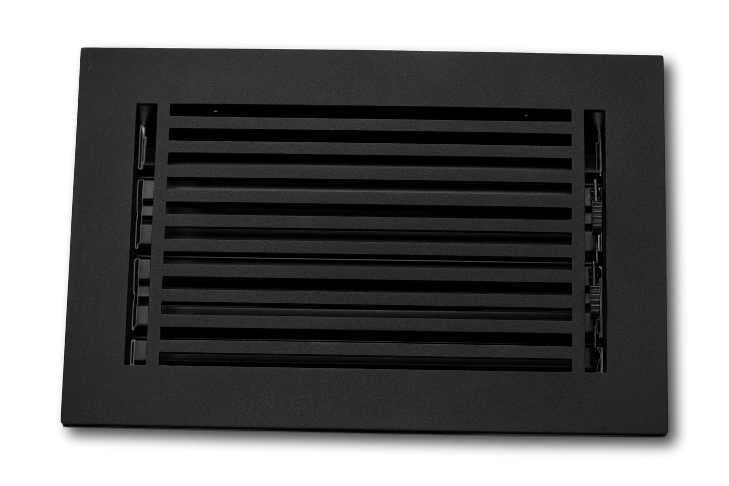 The Madelyn Carter Cast Aluminum Linear Bar Vent Covers in black feature a sleek rectangular design with horizontal slats and a solid frame, providing a rust-resistant ventilation solution for floors or walls.