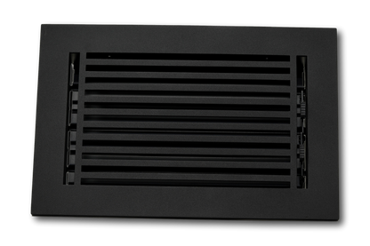 The Madelyn Carter Cast Aluminum Linear Bar Vent Covers in black feature a sleek rectangular design with horizontal slats and a solid frame, providing a rust-resistant ventilation solution for floors or walls.