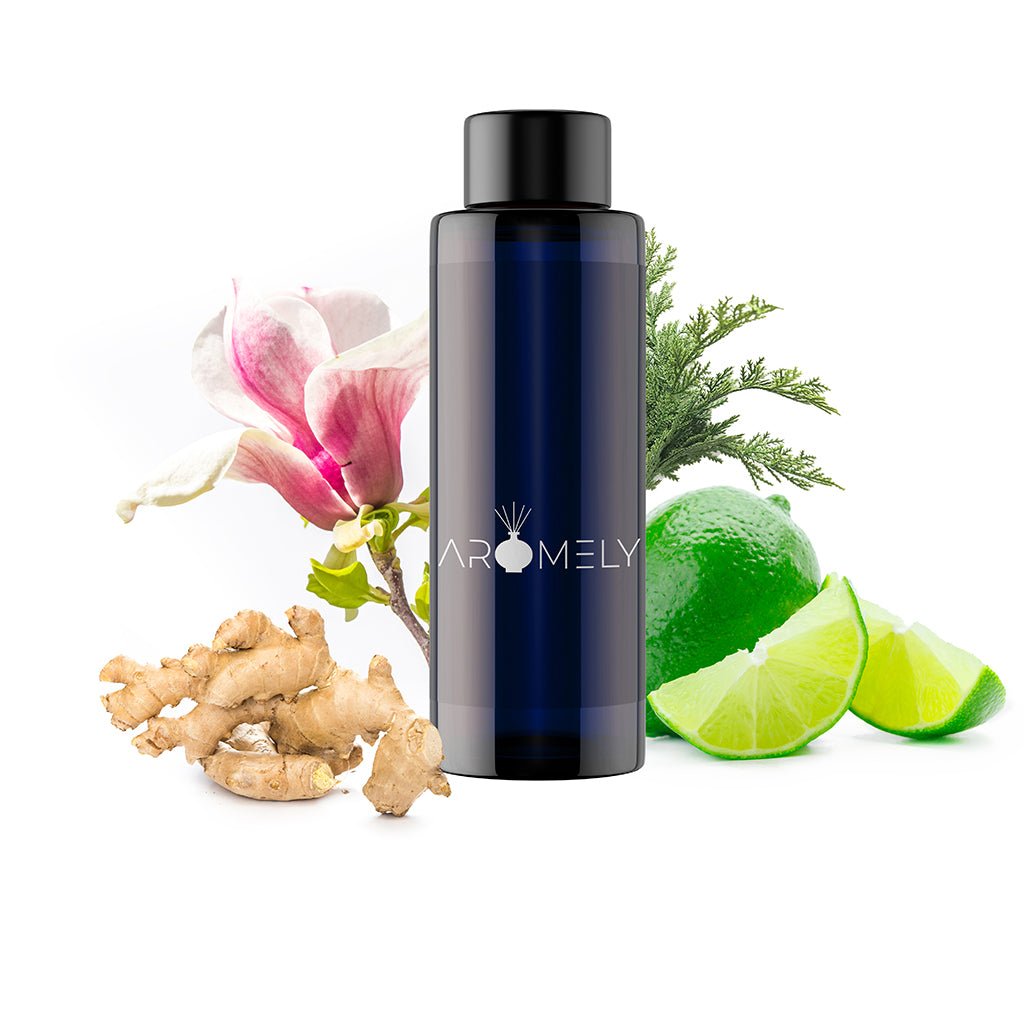 A dark blue AROMELY bottle labeled "Optimistic" sits before ginger root, a pink magnolia flower, pine needles, and sliced lime on white, evoking a floral citrus aroma perfect for promoting a positive mindset.