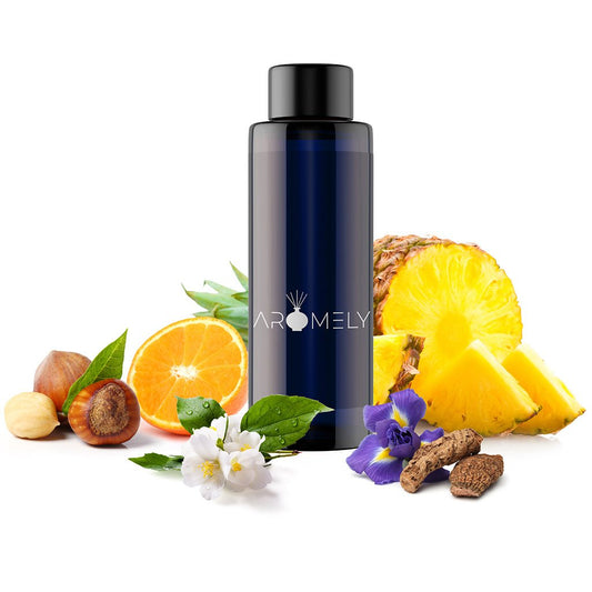 A dark blue "AROMELY" bottle labeled "Peaceful" is surrounded by pineapple, orange slices, hazelnuts, white and purple flowers, green leaves, and brown roots—highlighting a natural aromatherapy oil blend on a white background.