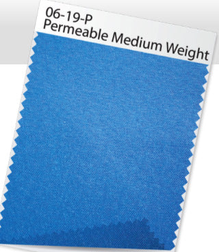 A blue "06-19-P Permeable Medium Weight" swatch from Softducts’ Fabric Ducts for Greenhouses & Plant Nurseries, with zigzag-cut edges, ideal for air dispersion and ventilation in fabric duct systems.