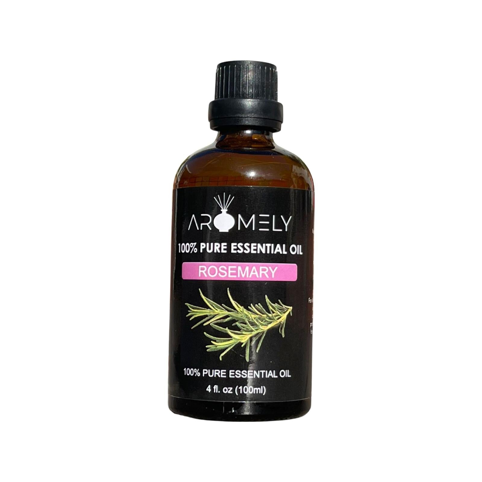 A brown glass bottle labeled "AROMELY Rosemary Essential Oil," 4 fl. oz. (100 ml), with a black screw cap and rosemary image—ideal for diffusers or daily aromatherapy.