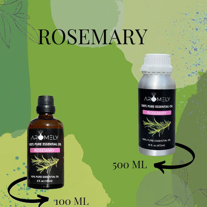 Two bottles of AROMELY Rosemary Essential Oil, 100 ml and 500 ml, are displayed on a green background with plant illustrations—ideal for diffusers or as a versatile oil for daily wellness.