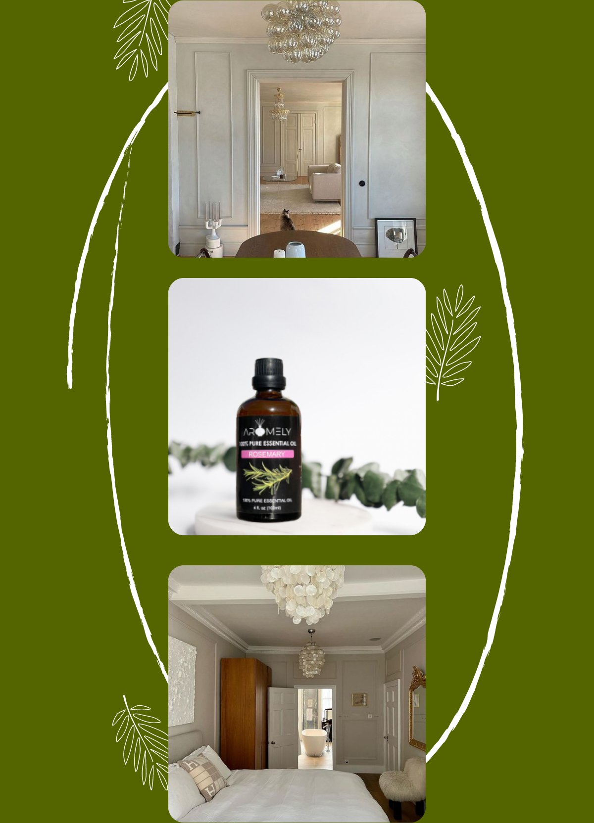 A collage features two photos of a modern, neutral-toned bedroom and one close-up of a brown bottle labeled "AROMELY Rosemary Essential Oil," showcasing how essential oil can elevate your space.