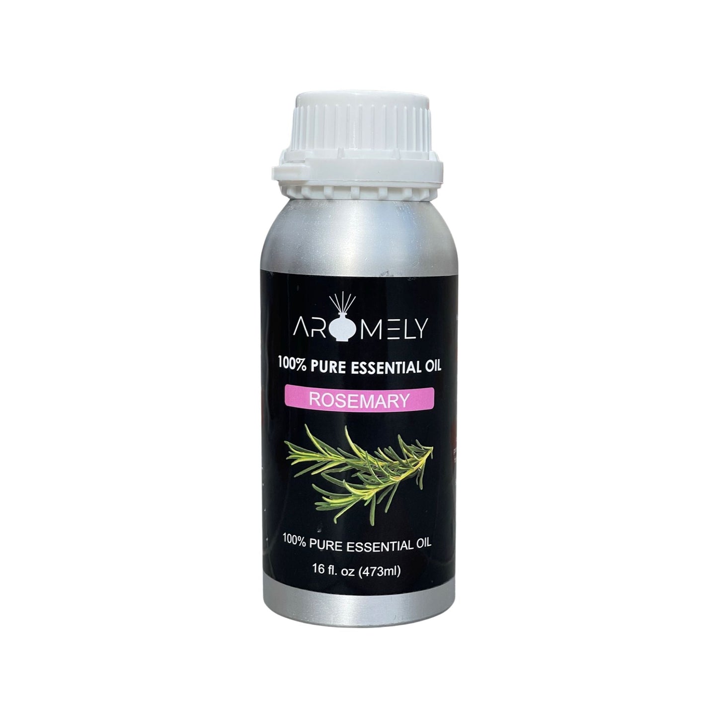 A 16 oz (473 ml) silver bottle of AROMELY Rosemary Essential Oil, labeled "Rosemary" with rosemary sprigs—ideal for your diffuser.