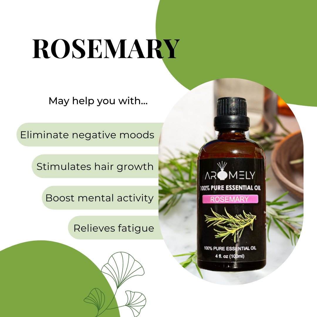 A bottle of AROMELY Rosemary Essential Oil is shown with text highlighting benefits like mood enhancement, hair growth, mental clarity, and fatigue relief—ideal for use in a diffuser.