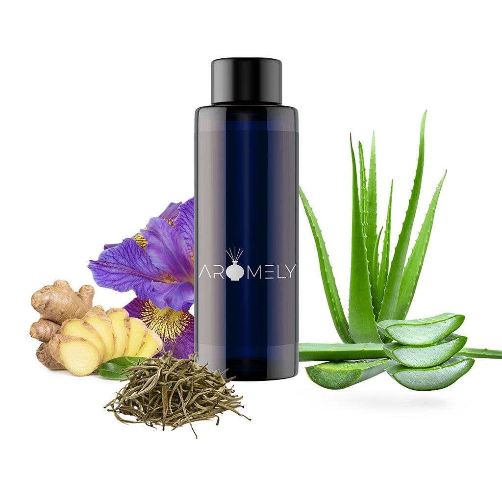 A dark AROMELY "Royal Dreams - Inspired by: Westin Hotels®" bottle sits beside aloe vera, ginger, dried tea leaves, and a purple flower, evoking a signature white tea fragrance on a white background.