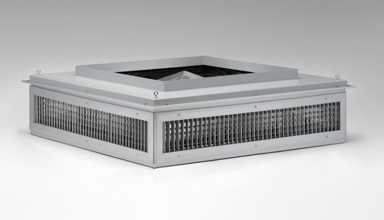 The EP Custom Double Deflection Drop Boxes - Four Way features grilles on all sides and a flat top, ideal for efficient air distribution. Shown against a plain grey background.