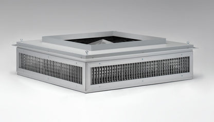 The EP Custom Double Deflection Drop Boxes - Four Way features grilles on all sides and a flat top, ideal for efficient air distribution. Shown against a plain grey background.