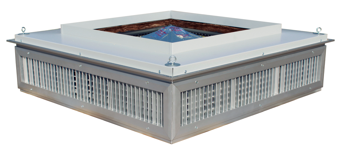 EP Custom Double Deflection Drop Boxes - Four Way feature metal slats, a white top cover, and four corner attachment rings, designed for efficient air distribution systems. Pictured isolated on a white background.