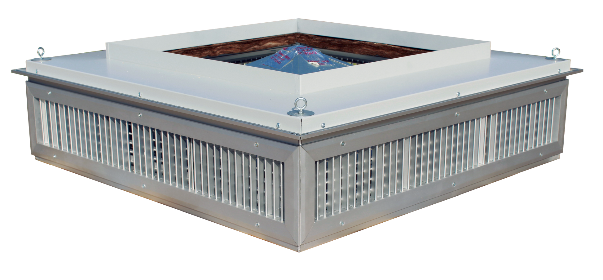 EP Custom Double Deflection Drop Boxes - Four Way feature metal slats, a white top cover, and four corner attachment rings, designed for efficient air distribution systems. Pictured isolated on a white background.