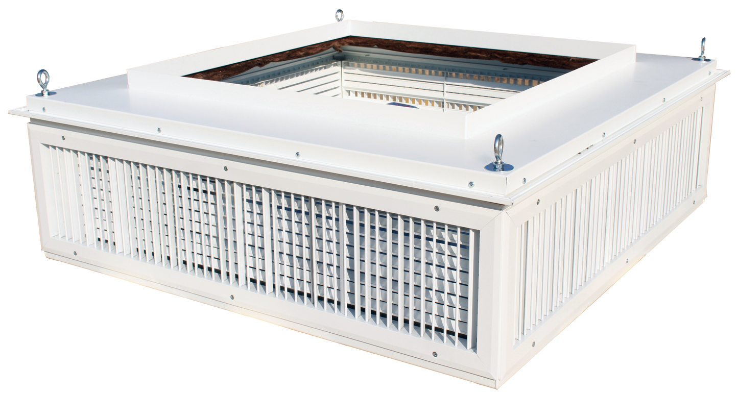 The EP Custom Double Deflection Drop Boxes - Four Way are white, rectangular rooftop vents with four lifting hooks and metal grille sides, designed for ventilation and efficient air distribution system integration.