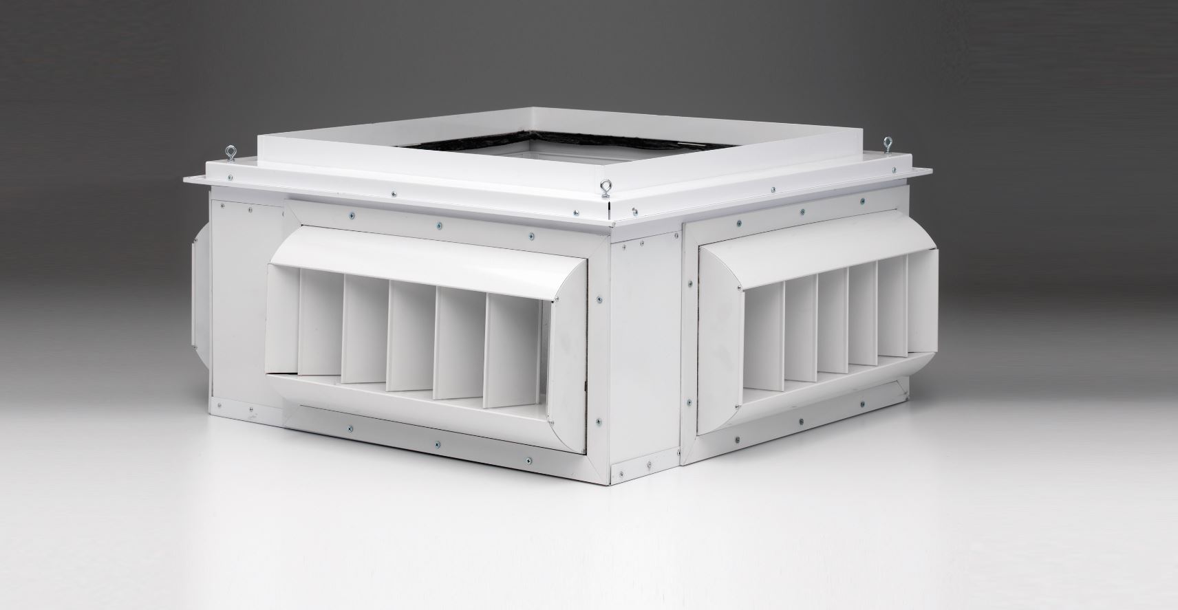 The EP Custom Four Way Throw Right Angle Concentric Diffuser with Drum Louver, a white industrial air diffuser with four-way louvered airflow, is shown on a plain gray background.